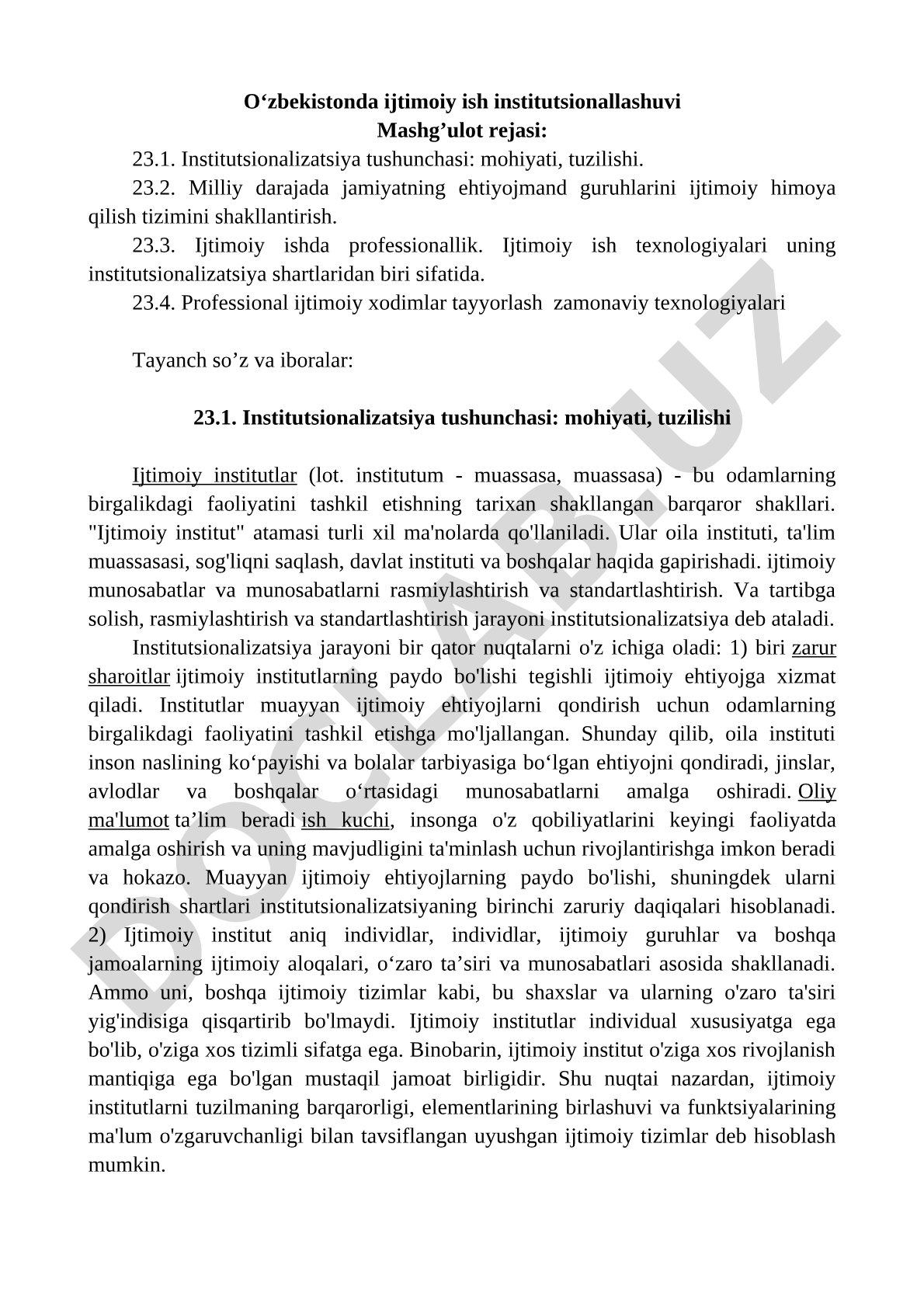 O‘zbekistonda ijtimoiy ish institutsionallashuvi