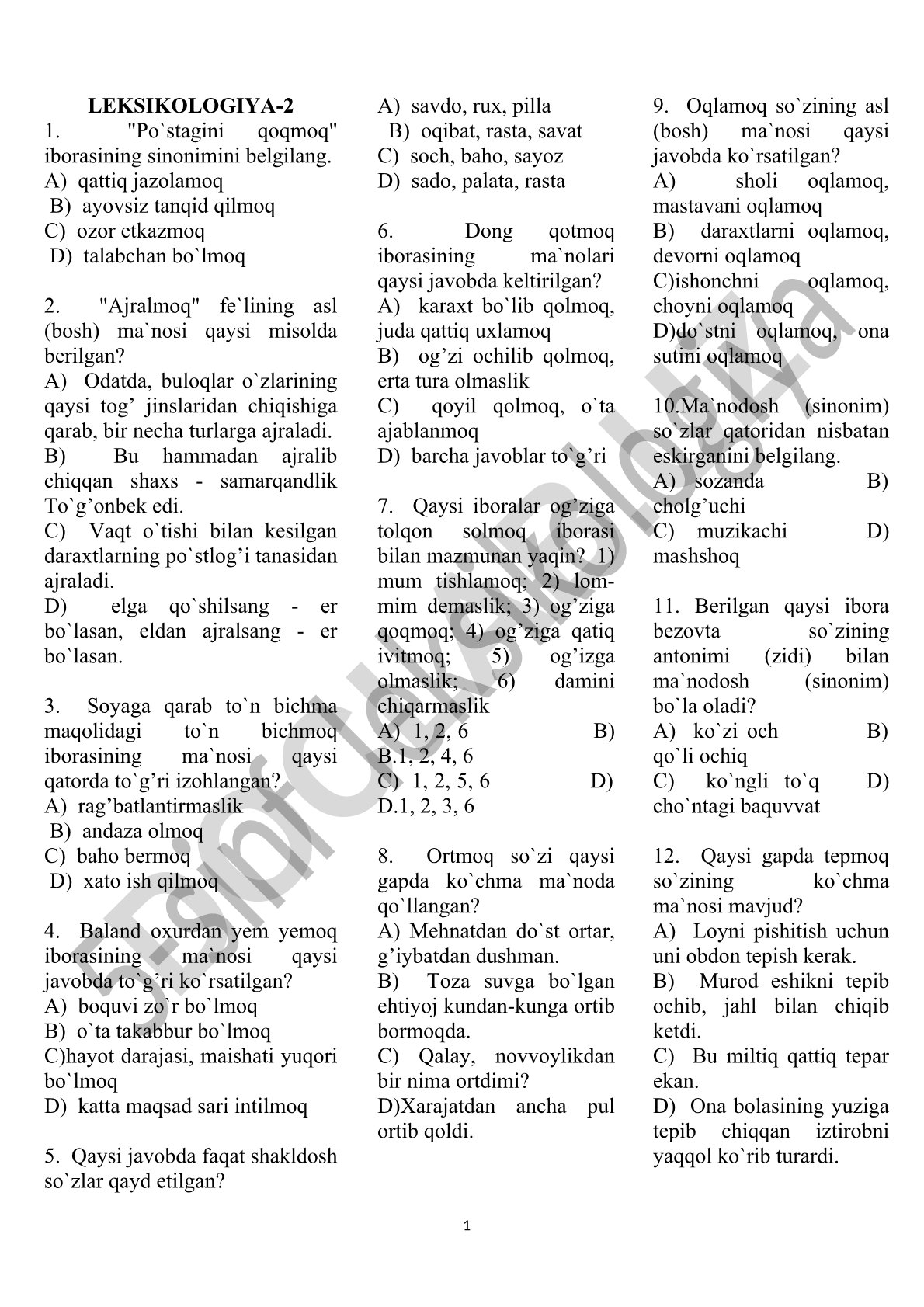 O'zbek tili leksikologiyasi test savollari