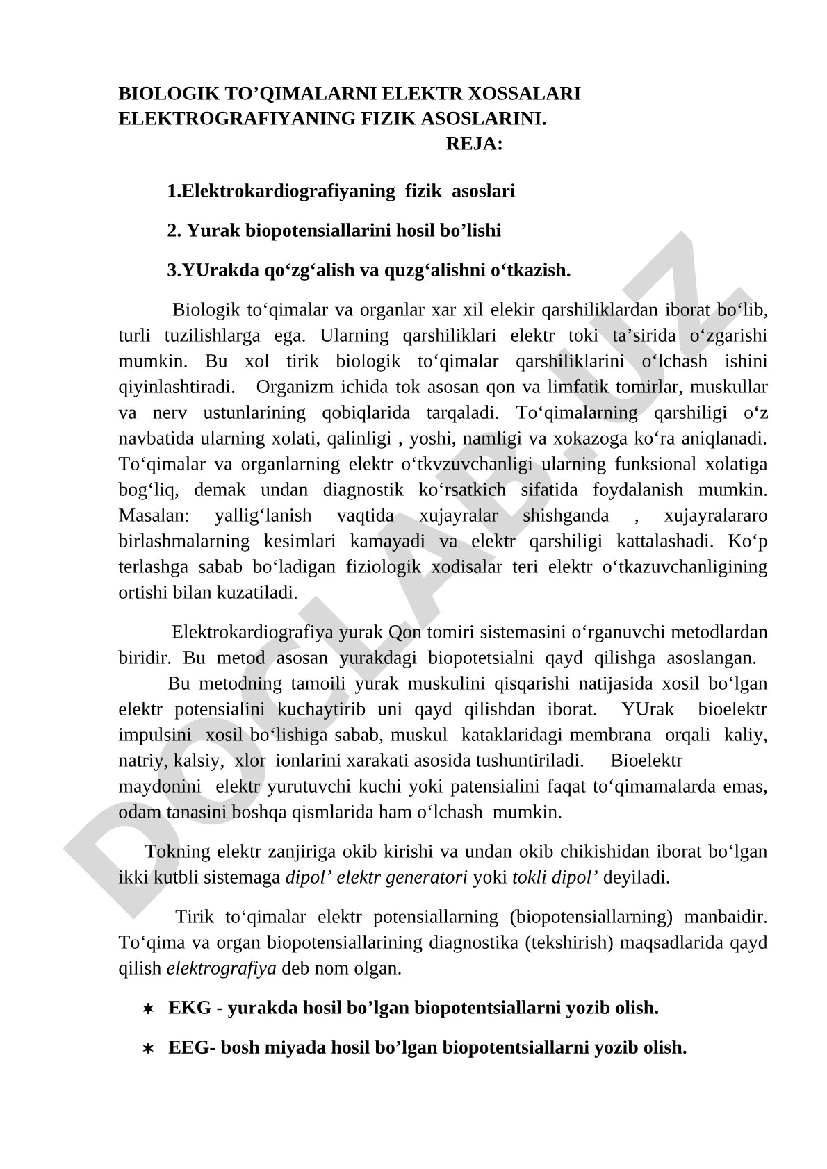 Biologik to'qimalarni elektr xossalari elektrografiya fizik asoslari