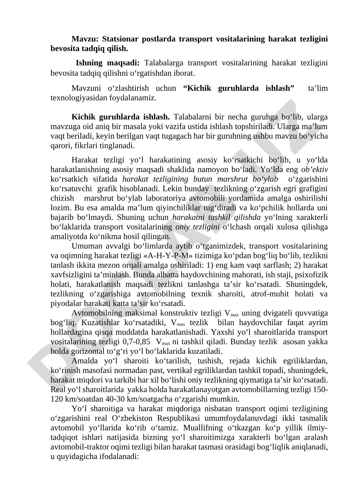 Statsionar postlarda transport vositalarining harakat tezligini bevosita tadqiq qilish