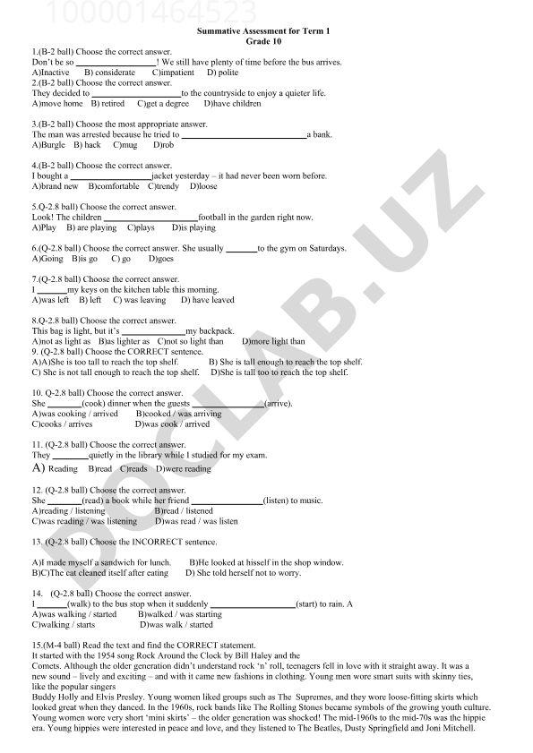 Grade 10 Term 1 Summative Assessment Test