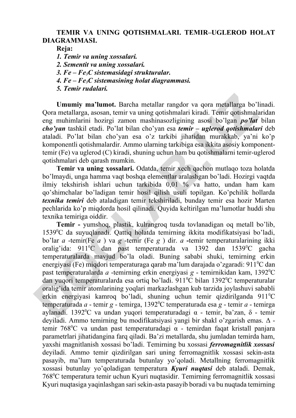 Temir va uning qotishmalari. Temir-uglerod holat diagrammasi