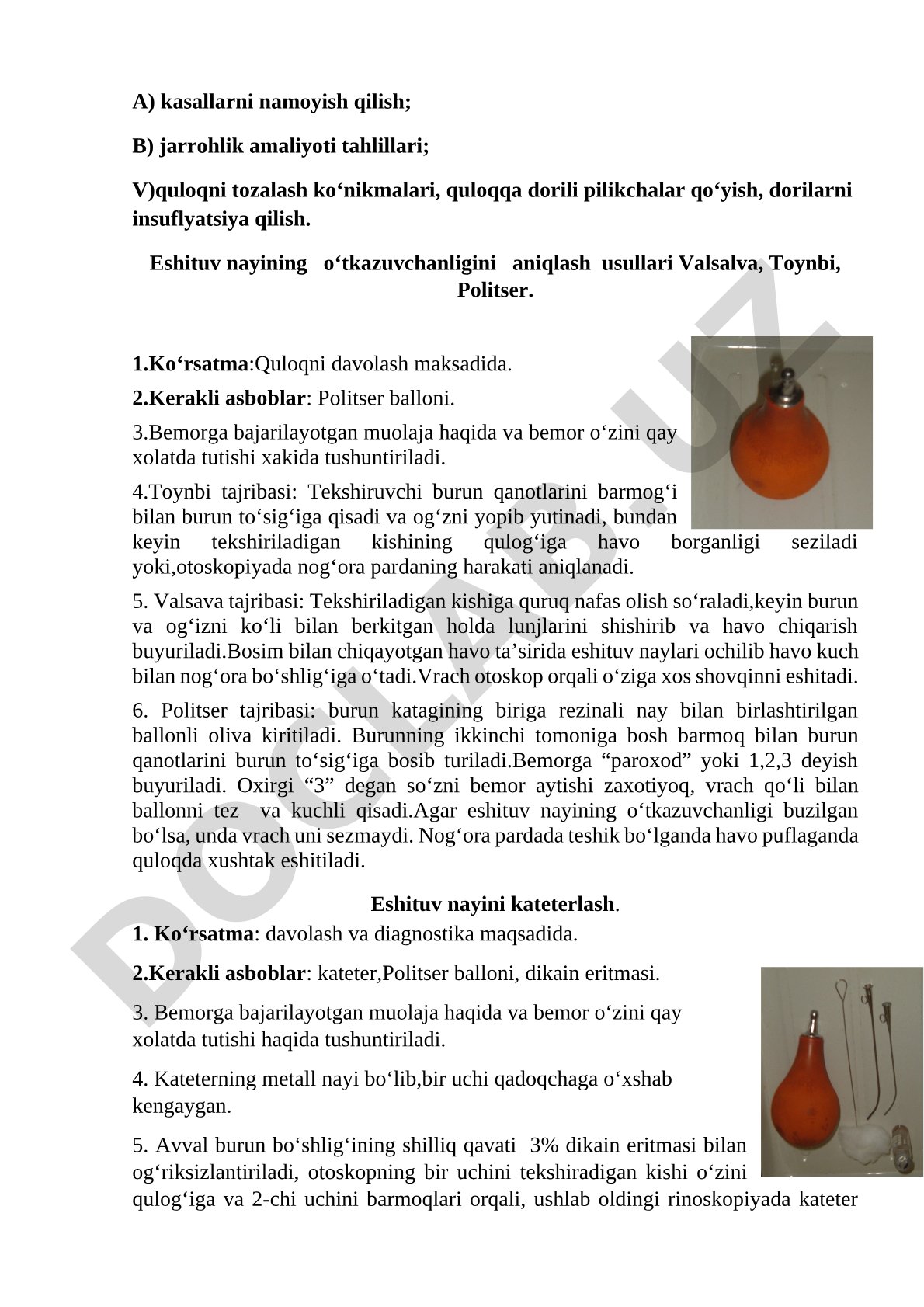 Eshituv nayining o'tkazuvchanligini aniqlash usullari Valsalva, Toynbi, Politser