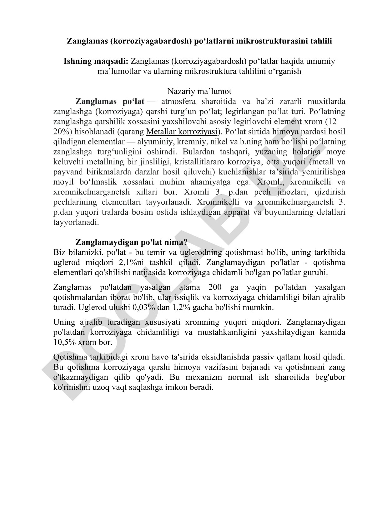 Zanglamas po'latlarning mikrostruktura tahlili