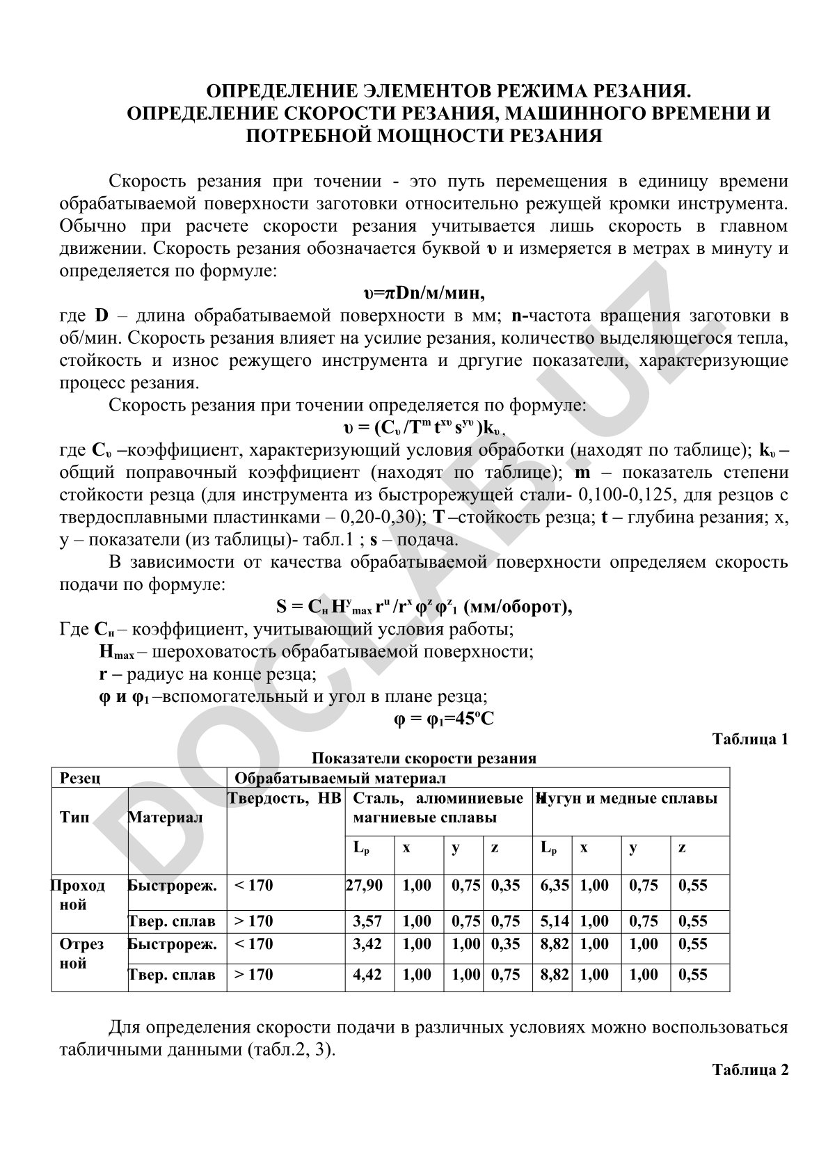 Определение элементов режима резания