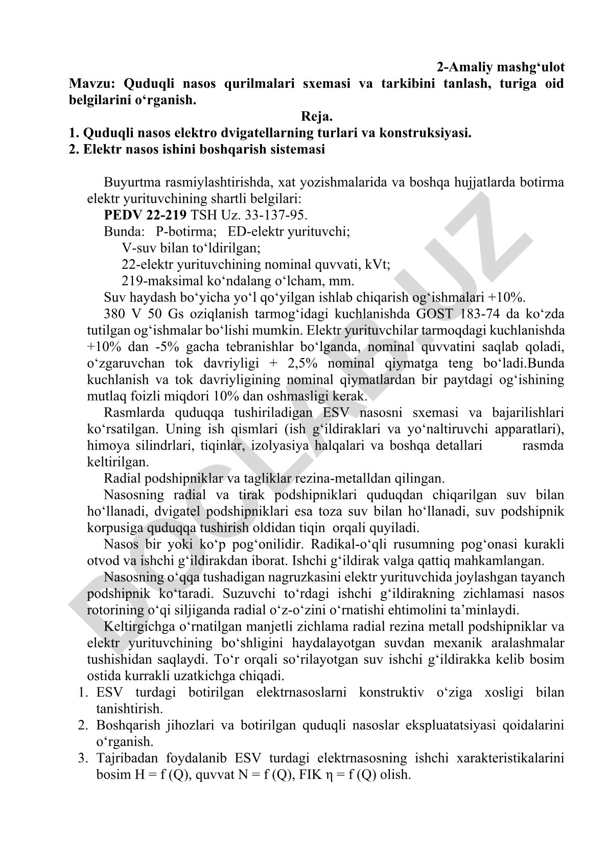 Quduqli nasos qurilmalari sxemasi va tarkibini tanlash, turiga oid belgilarini o‘rganish