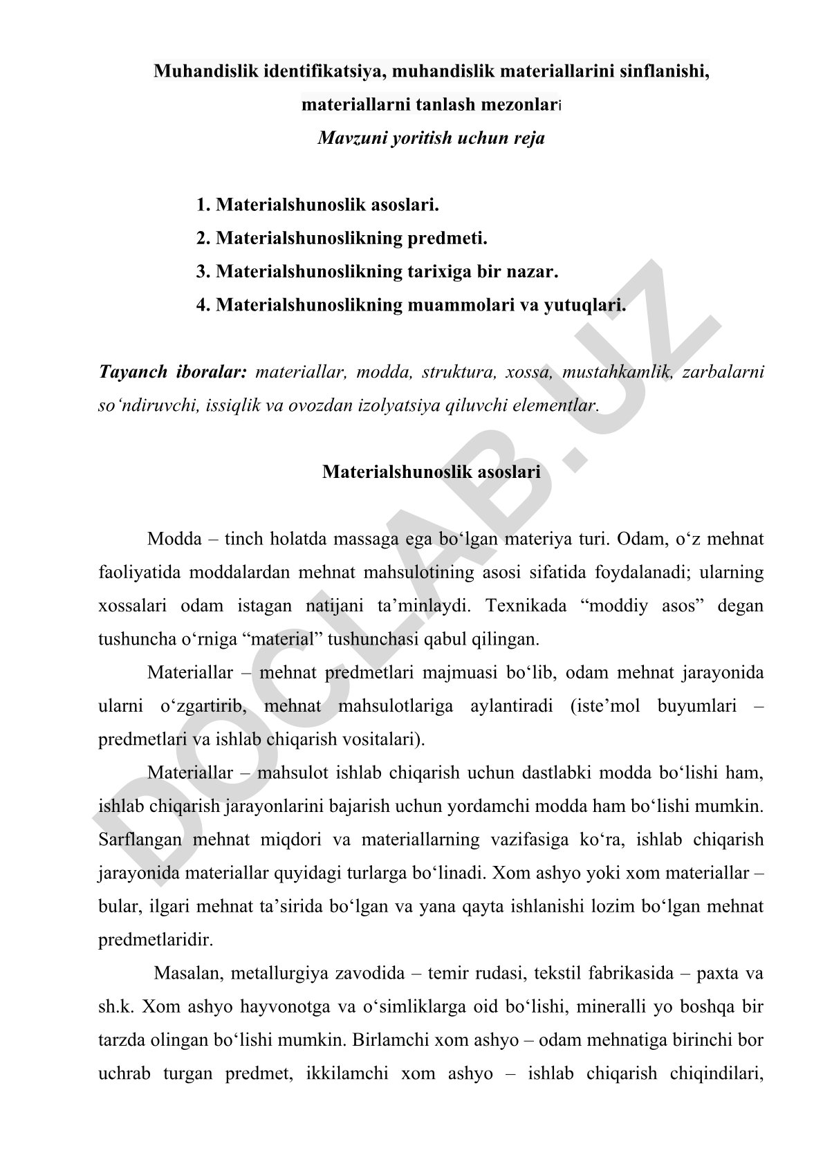 Muhandislik materialshunosligi asoslari va materiallarni tanlash mezonlari