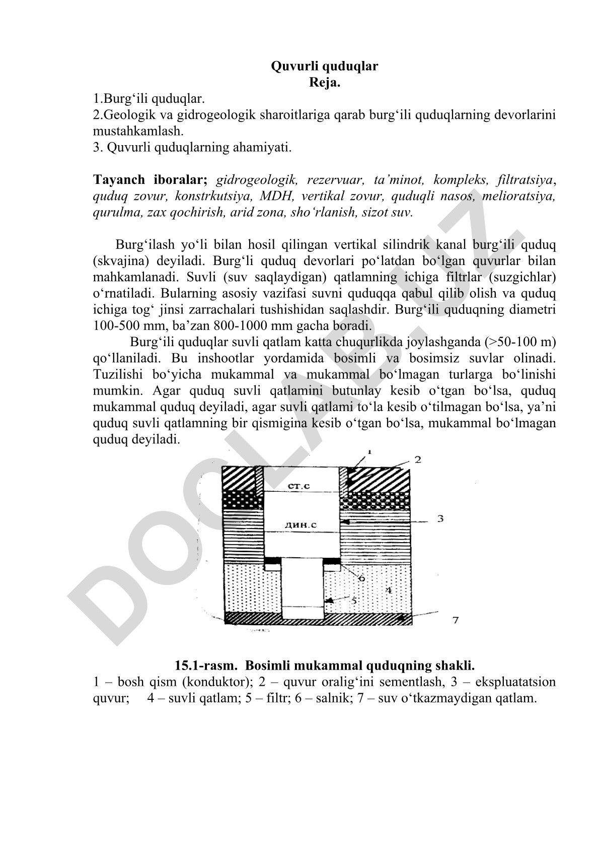 Quvurli quduqlar rejasi va burg'ili quduqlarning tuzilishi
