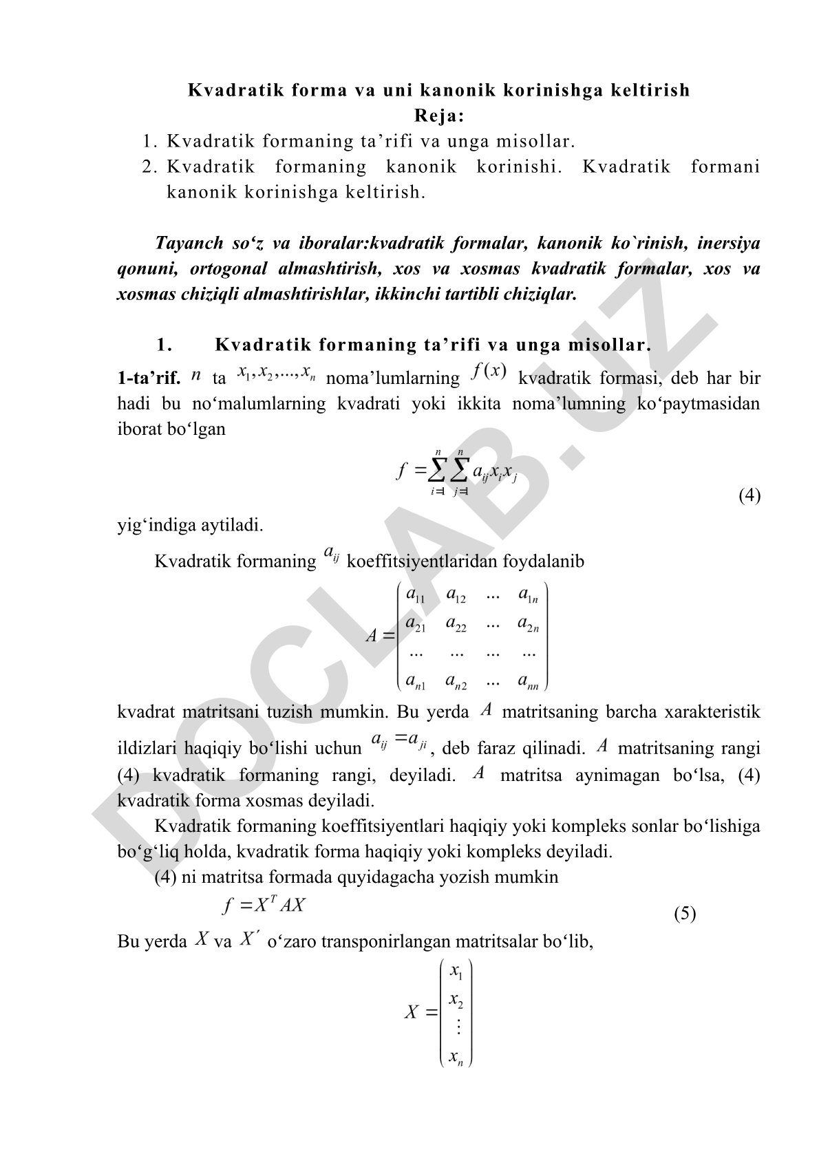 Kvadratik forma va uni kanonik ko'rinishga keltirish