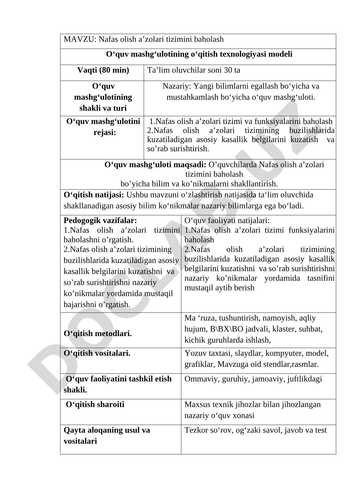 Nafas olish a’zolari tizimini baholash