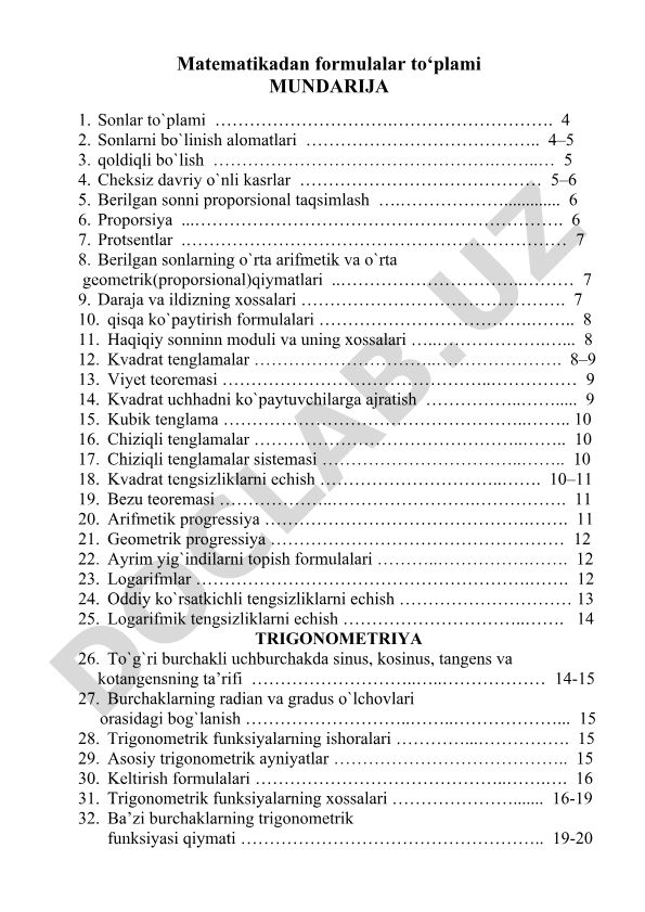 Matematikadan formulalar to‘plami