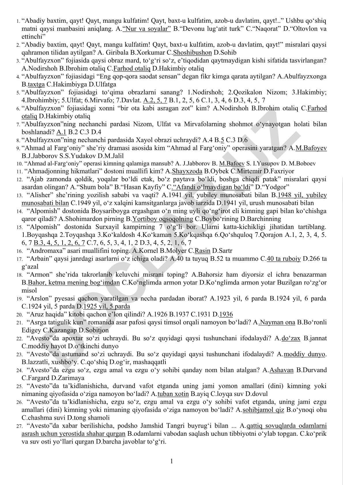 Abulfayzxon fojiasi va adabiy asarlar bo'yicha test savollari