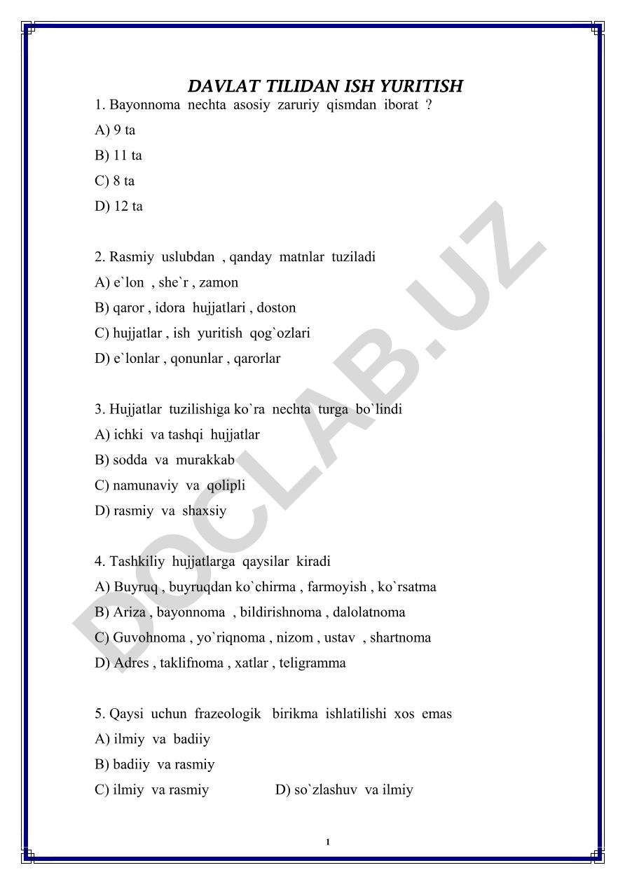 Davlat tilidan ish yuritish test savollari
