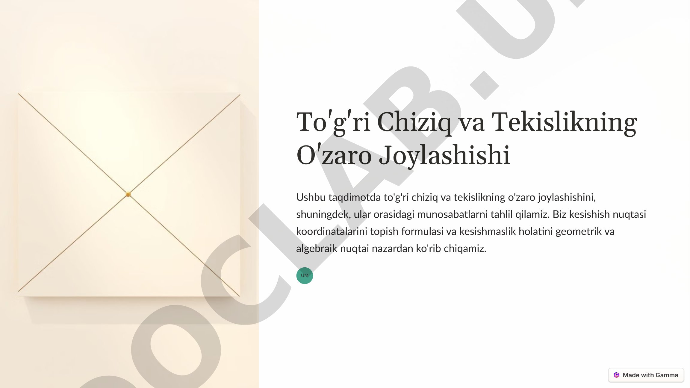 To'g'ri Chiziq va Tekislikning O'zaro Joylashishi