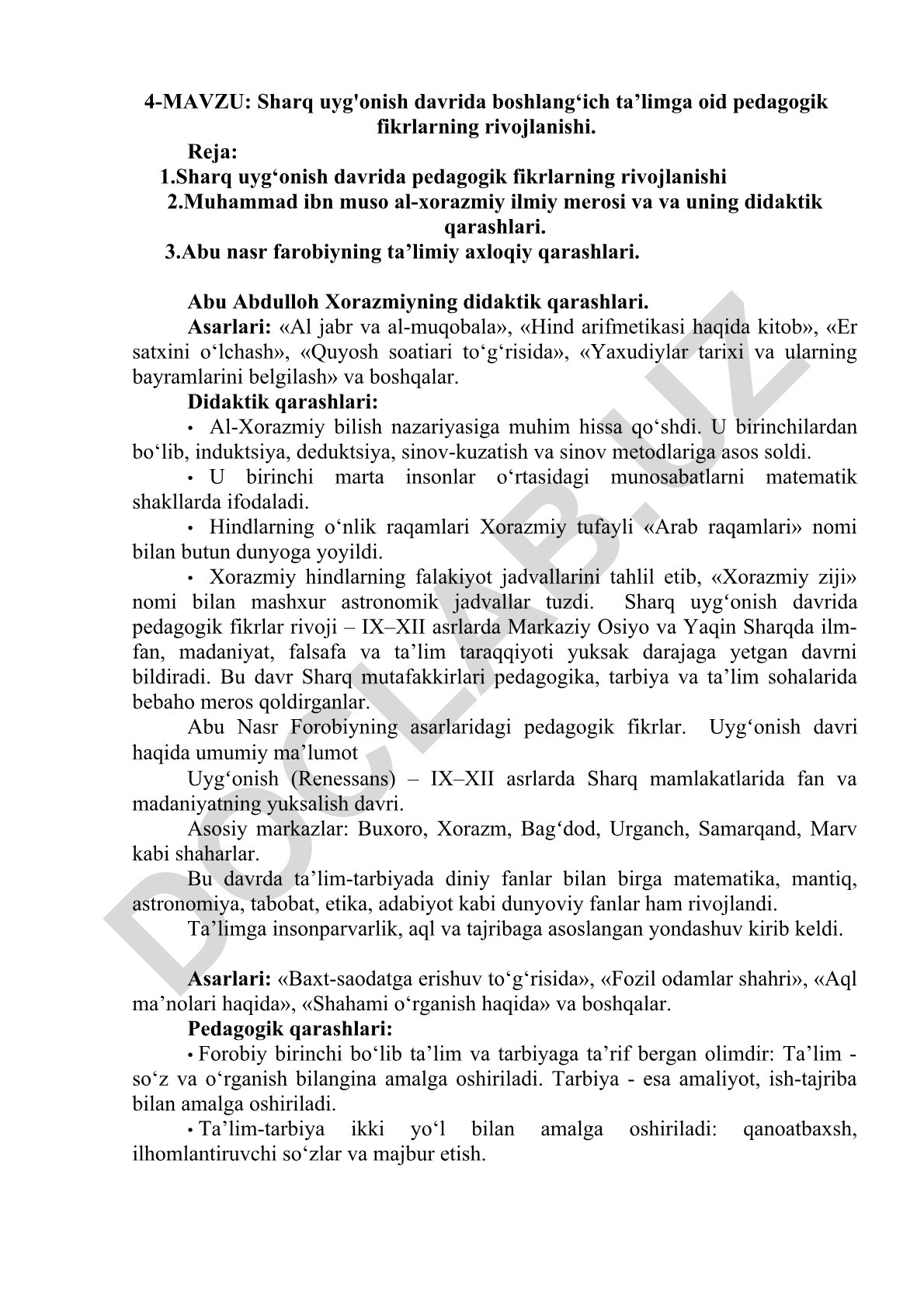 Sharq uyg'onish davrida boshlang'ich ta'limga oid pedagogik fikrlarning rivojlanishi
