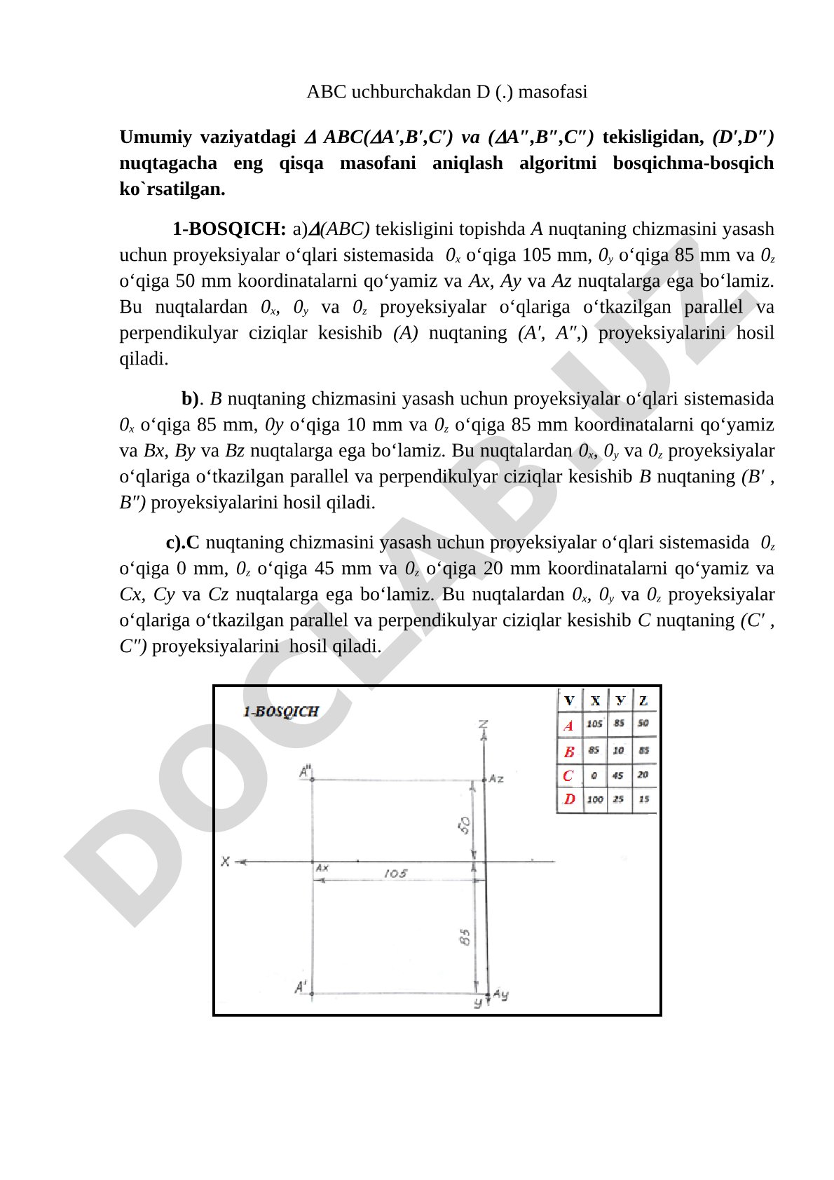 Umumiy vaziyatdagi uchburchak tekisligidan nuqtagacha eng qisqa masofani aniqlash algoritmi
