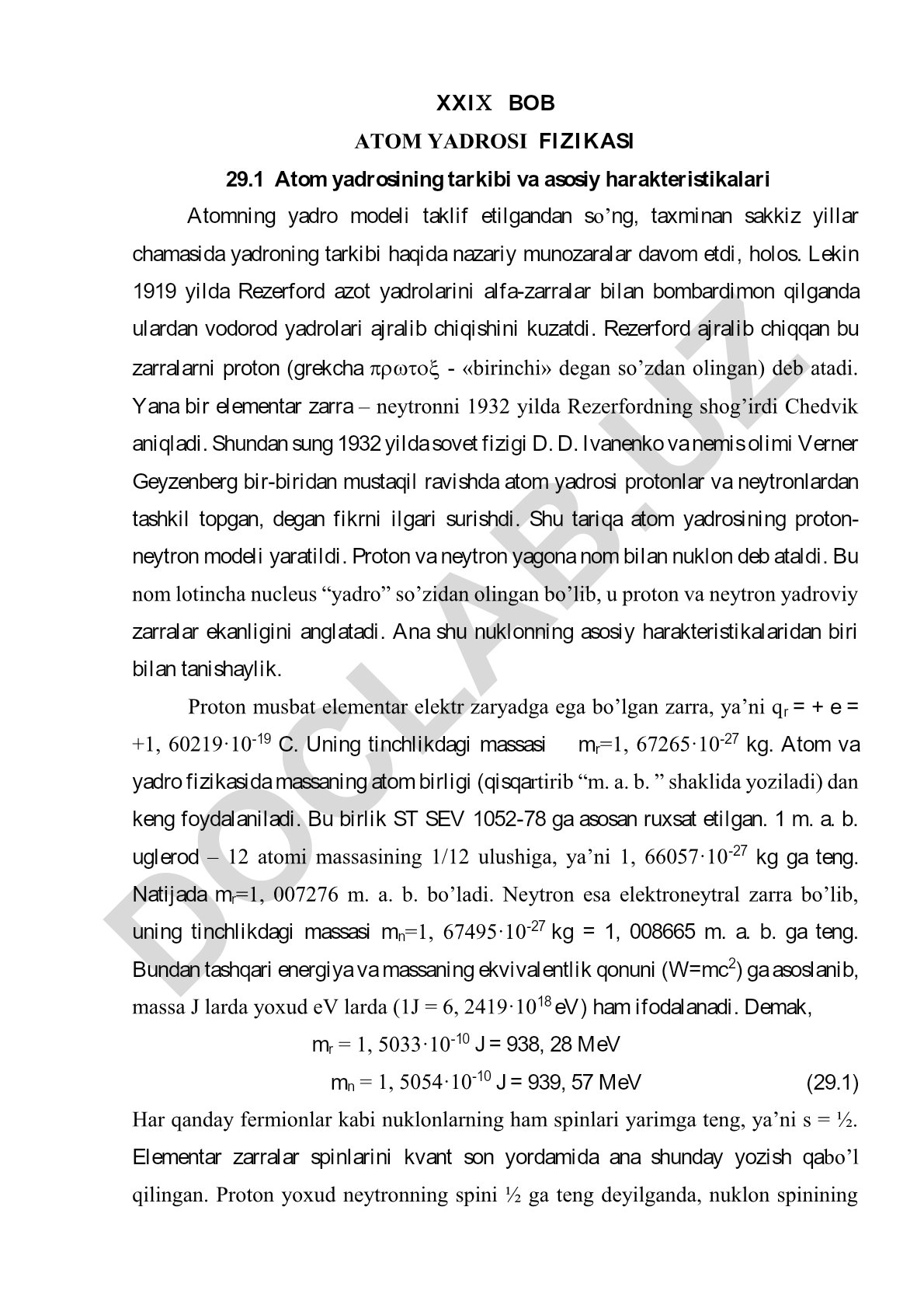 Atom yadrosining tarkibi va asosiy harakteristikalari