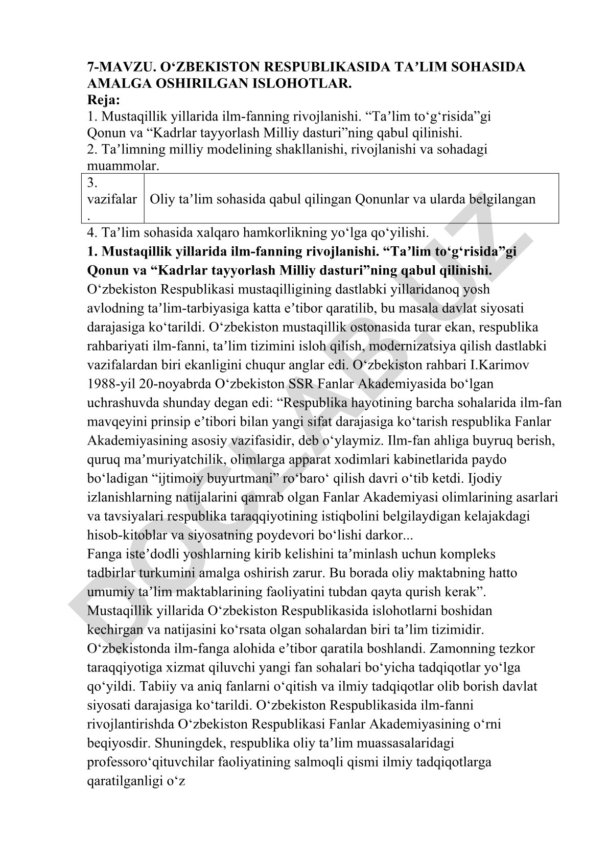 O‘zbekiston Respublikasida ta’lim sohasida amalga oshirilgan islohotlar