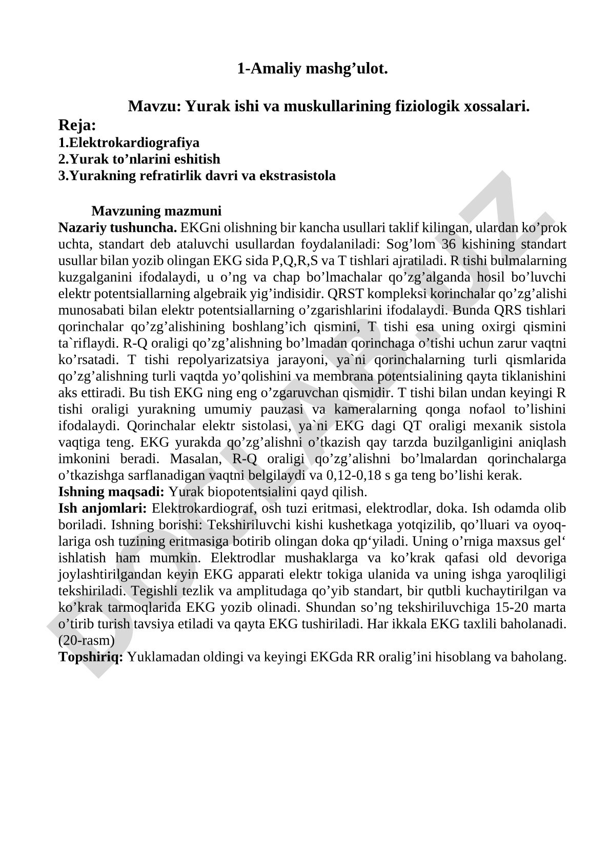 Yurak ishi va muskullarining fiziologik xossalari