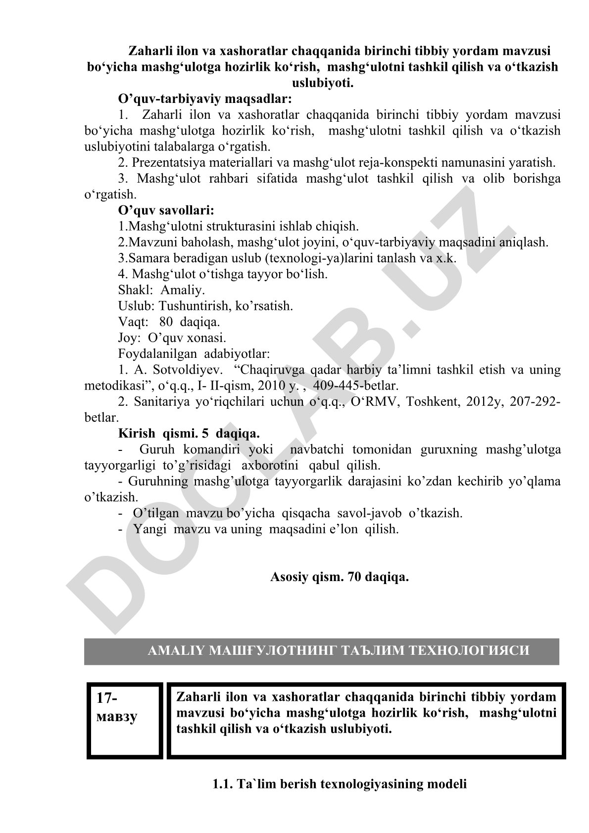 Zaharli ilon va xashoratlar chaqqanida birinchi tibbiy yordam