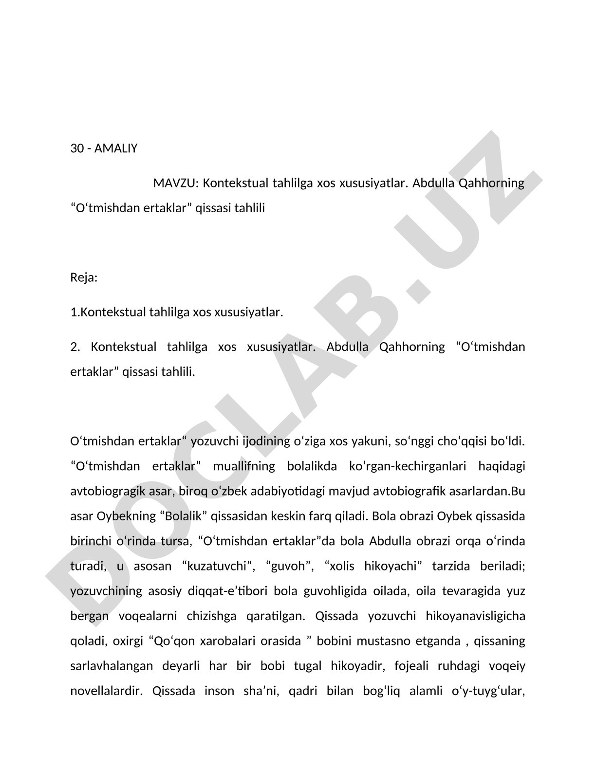 Kontekstual tahlilga xos xususiyatlar. Abdulla Qahhorning “O‘tmishdan ertaklar” qissasi tahlili