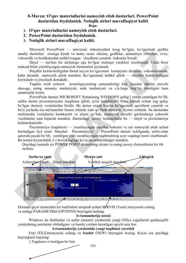 O'quv materiallarini namoyish etish dasturlari. PowerPoint dasturidan foydalanish. Notiqlik sirlari muvaffaqiyat kaliti