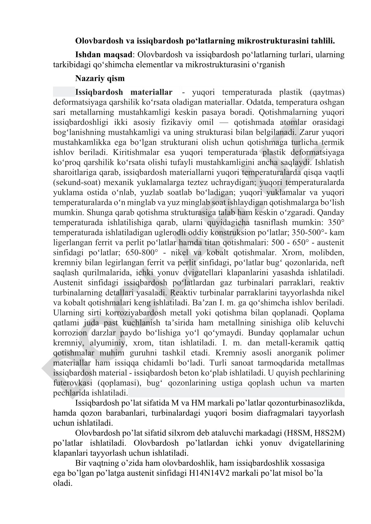 Olovbardosh va issiqbardosh po‘latlarning mikrostrukturasini tahlili