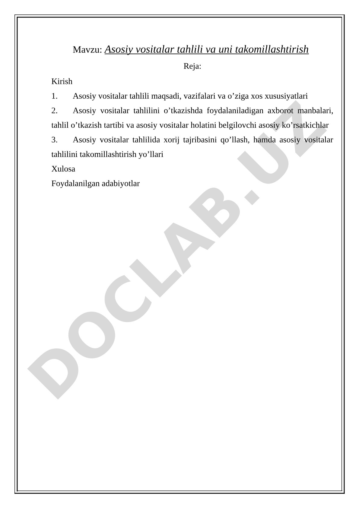 Asosiy vositalar tahlili va uni takomillashtirish