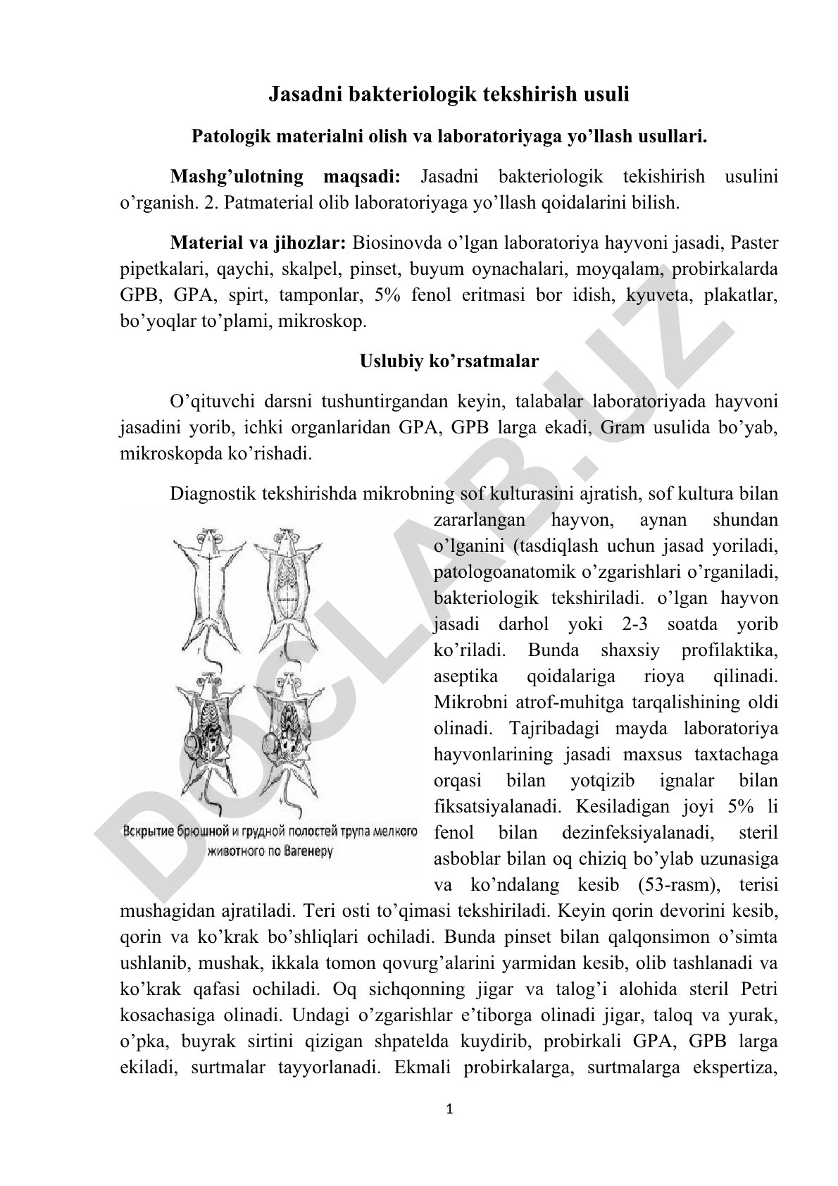 Jasadni bakteriologik tekshirish usuli va patologik materialni laboratoriyaga yo'llash
