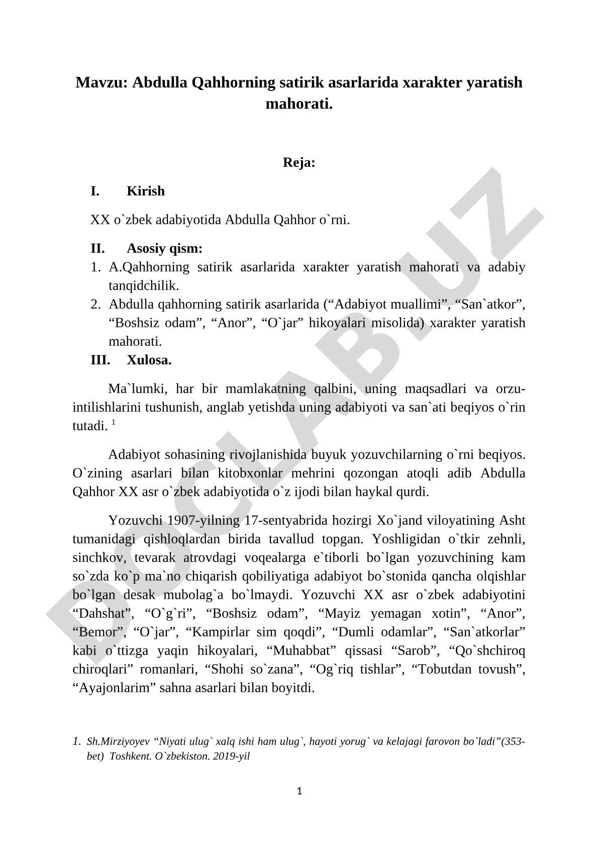 Abdulla Qahhorning satirik asarlarida xarakter yaratish mahorati