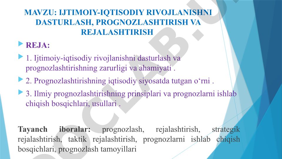 Ijtimoiy-iqtisodiy rivojlanishni dasturlash, prognozlashtirish va rejalashtirish