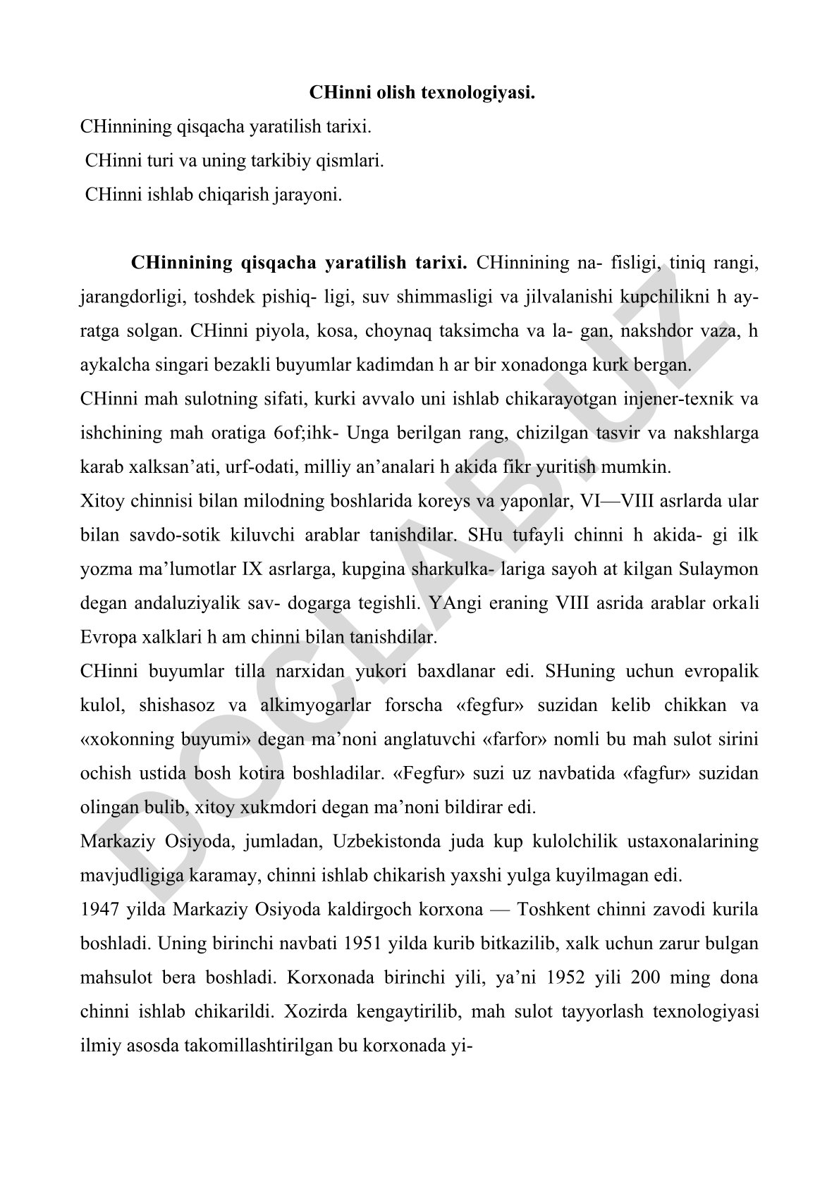 Chinni olish texnologiyasi va ishlab chiqarish jarayoni