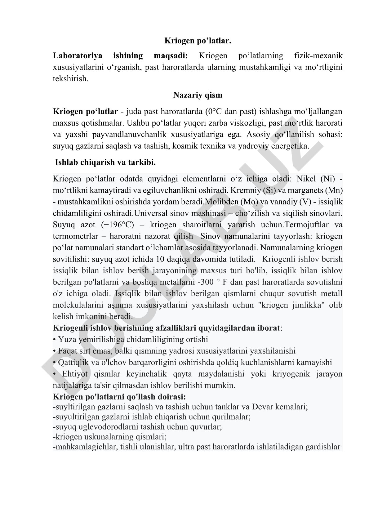 Kriogen po'latlarning fizik-mexanik xususiyatlari va past haroratlarda mustahkamligi