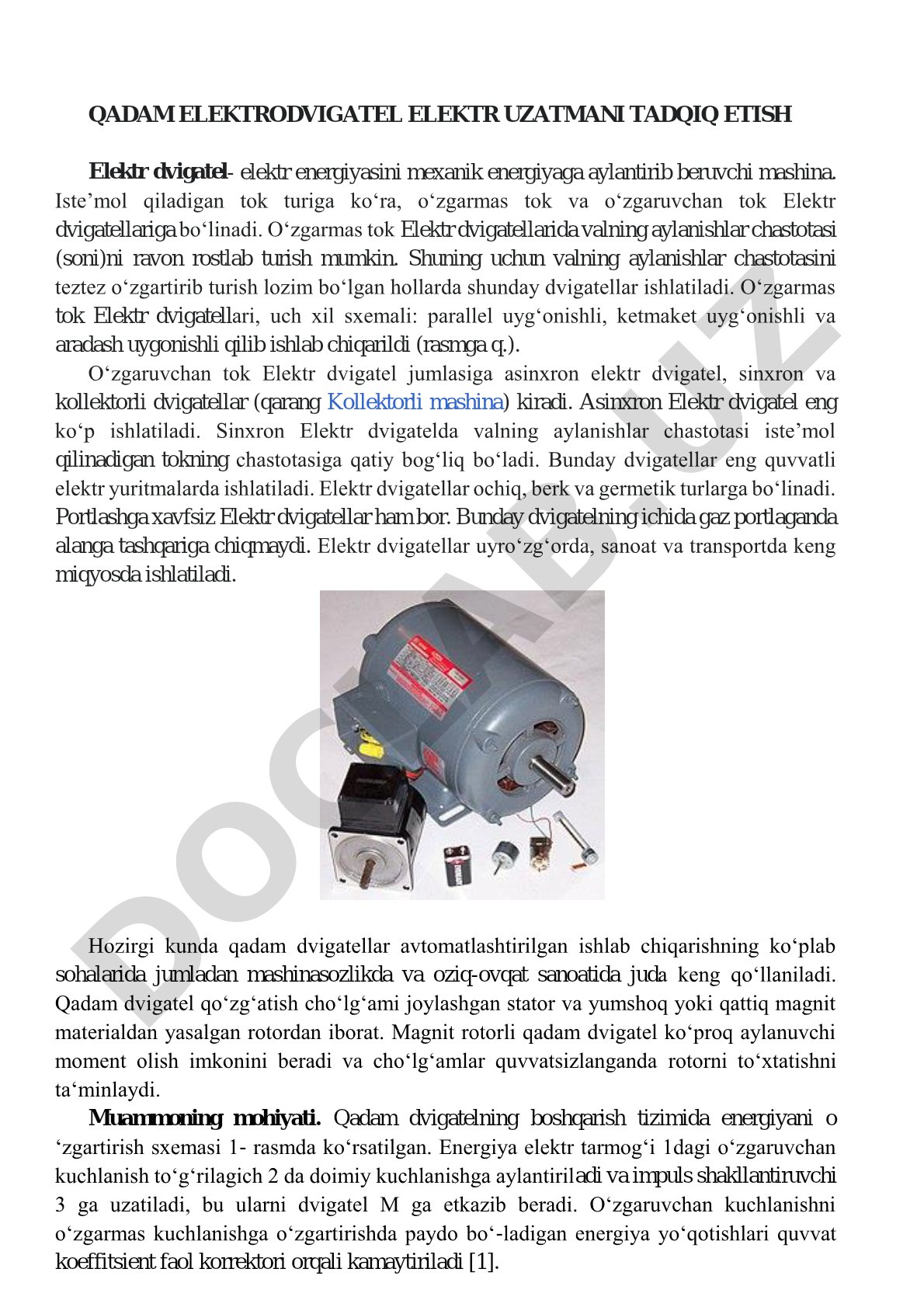 Qadam elektr dvigatel elektr uzatmani tadqiq etish