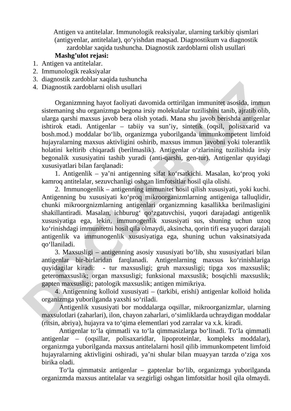 Antigen va antitelalar. Immunologik reaksiyalar, diagnostik zardoblar
