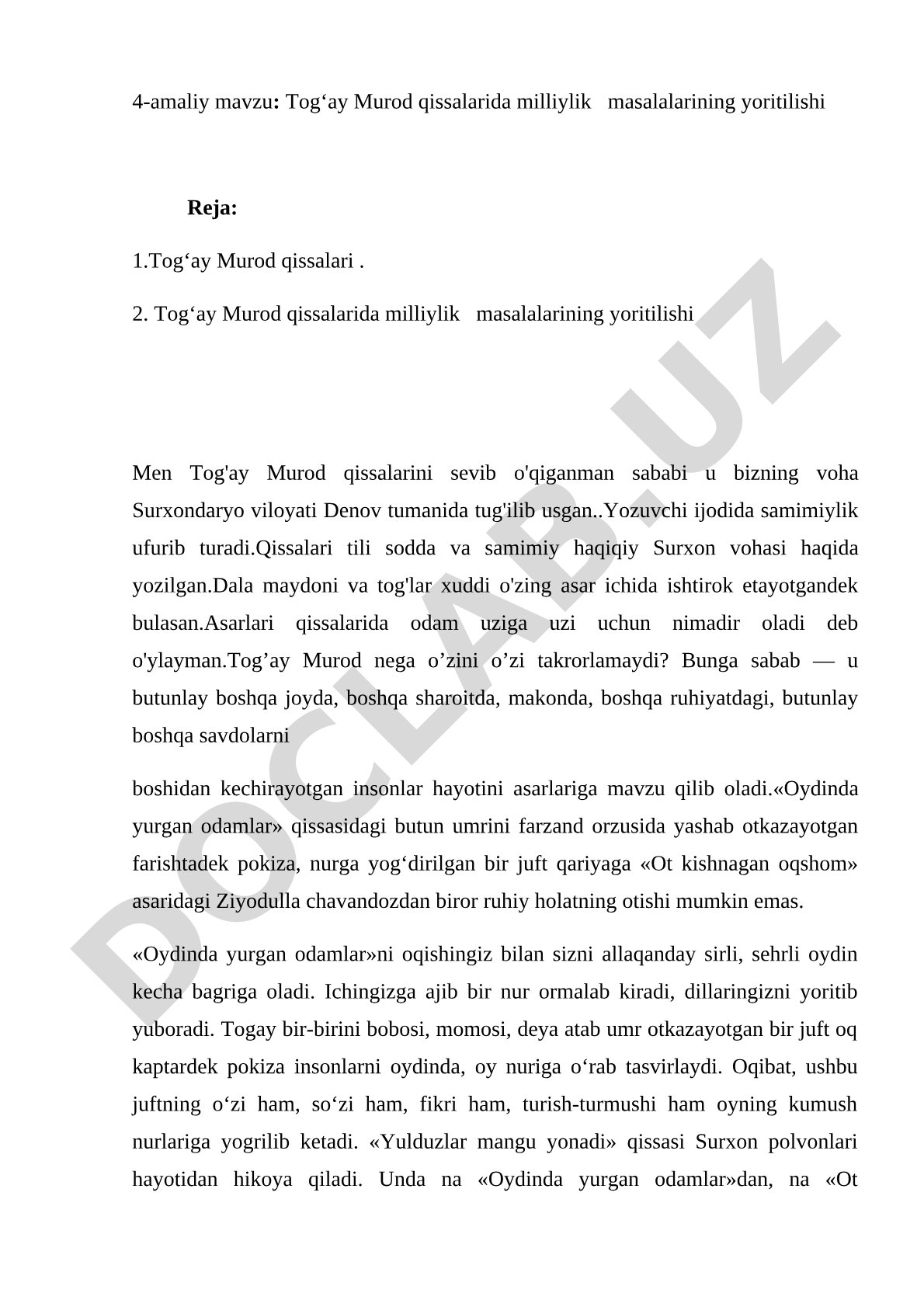 Tog'ay Murod qissalarida milliylik masalalarining yoritilishi