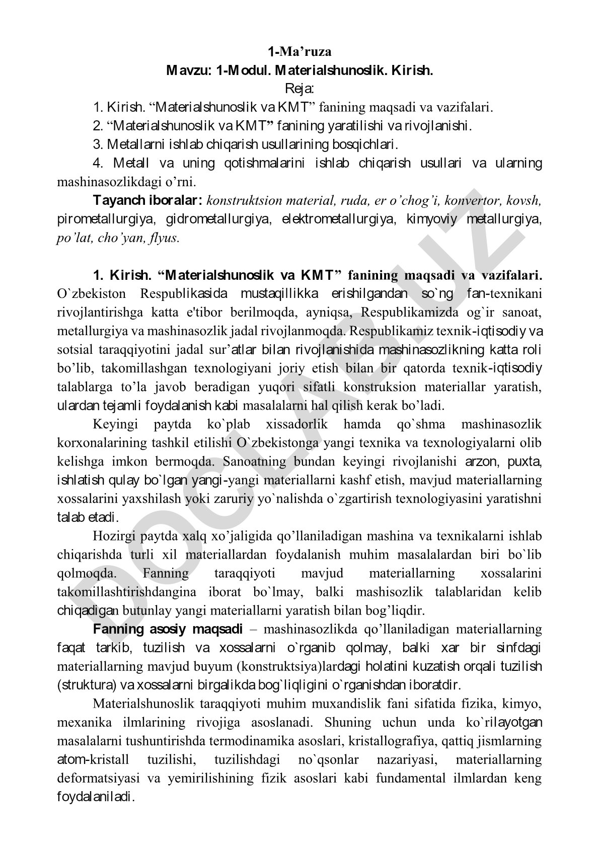 Materialshunoslik va KMT fanining maqsadi, vazifalari va metallarni ishlab chiqarish usullari