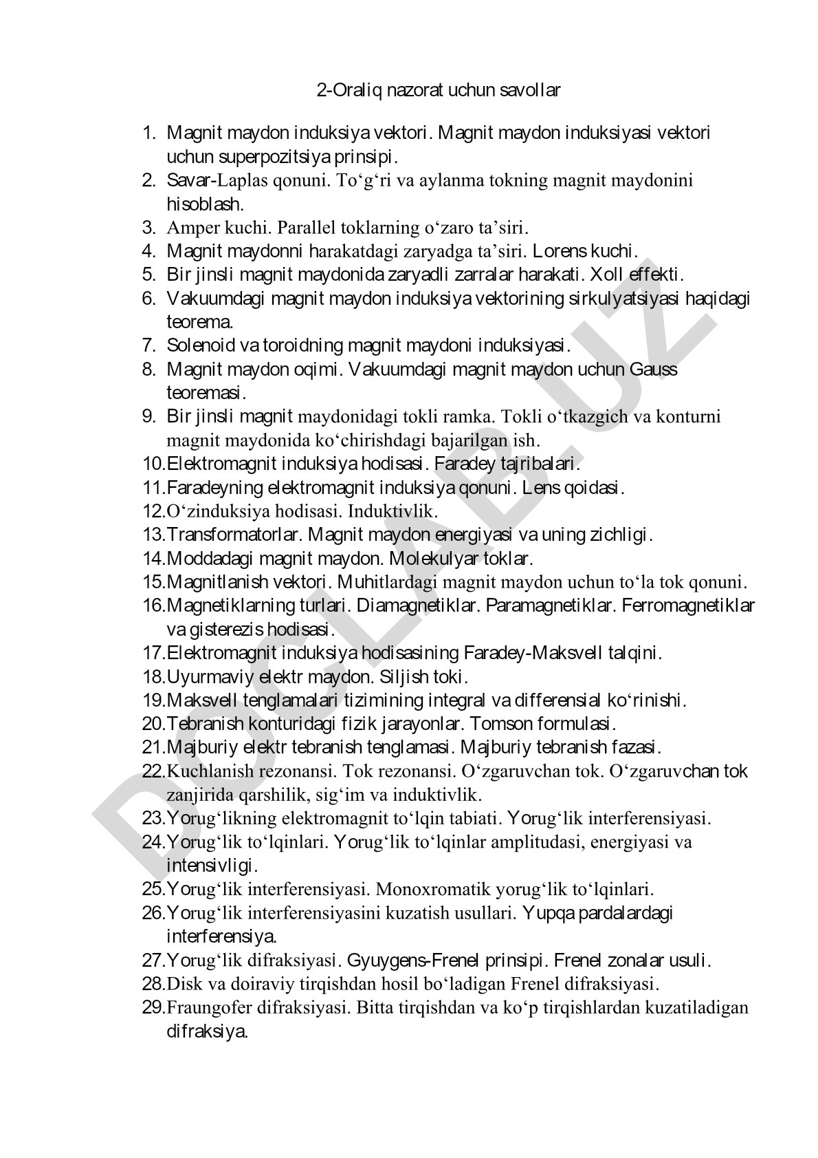 Magnit maydoni va elektromagnit induksiya bo'yicha nazorat savollari
