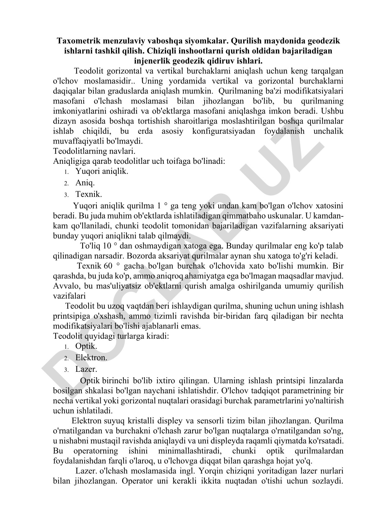 Geodezik ishlar va teodolitlarning turlari