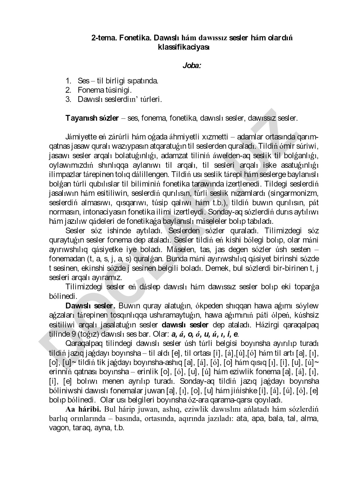 Fonetika. Dawıslı hám dawıssız sesler hám olardıń klassifikaciyası