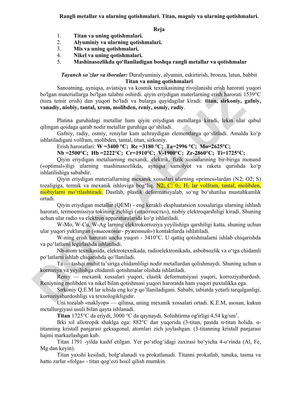 Rangli metallar va ularning qotishmalari