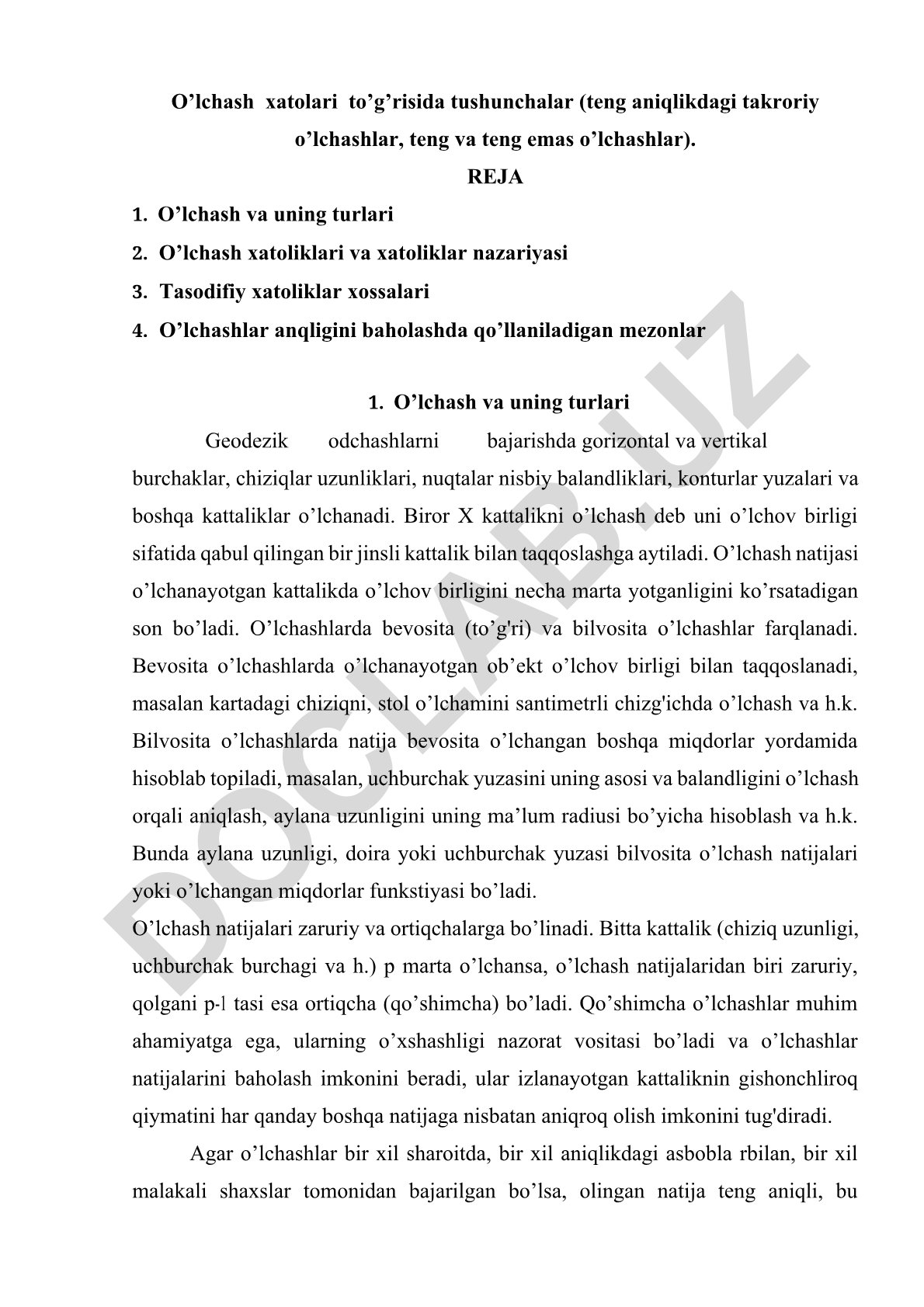 O’lchash xatolari va o’lchash turlari