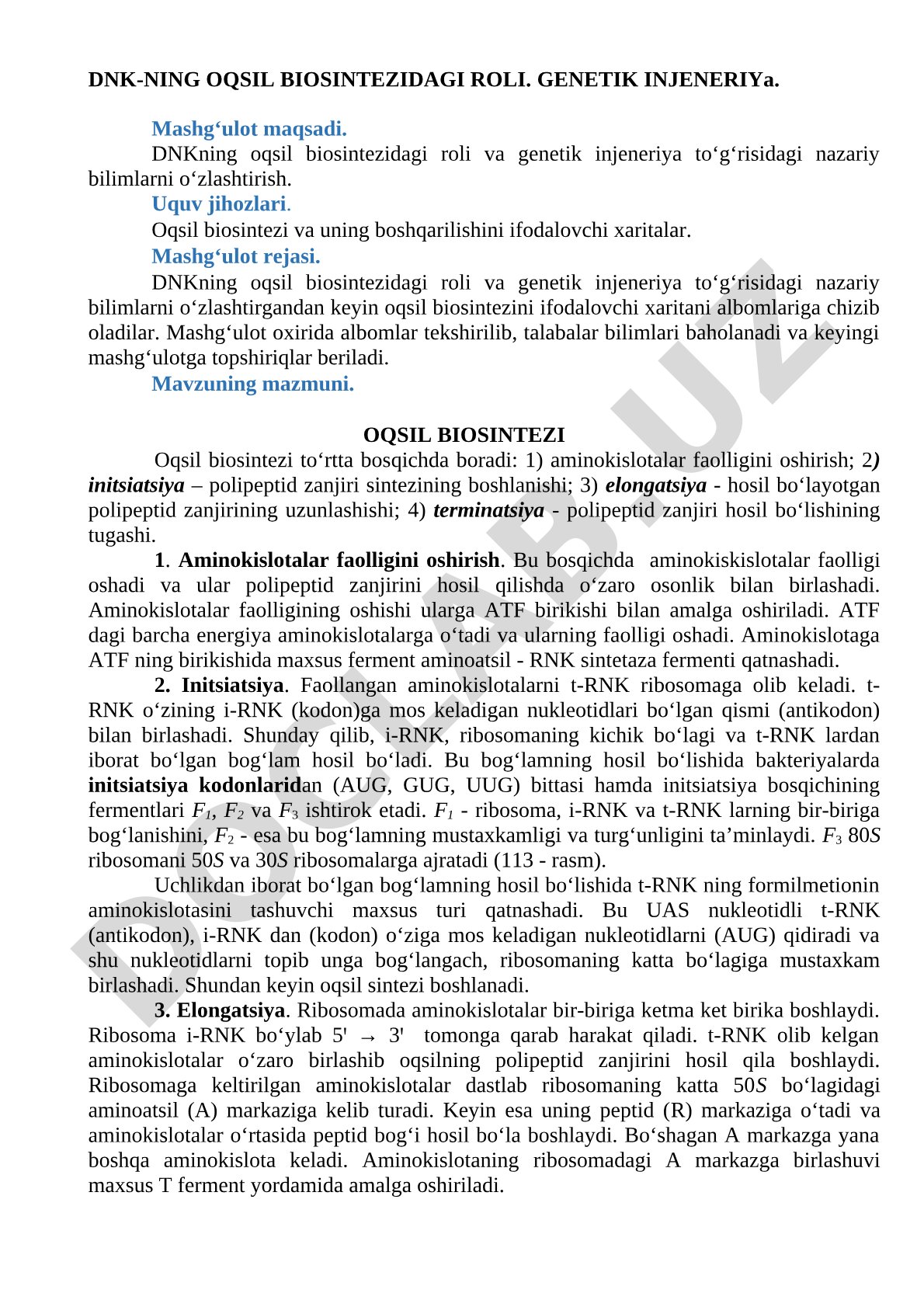 DNKning oqsil biosintezidagi roli va genetik injeneriya