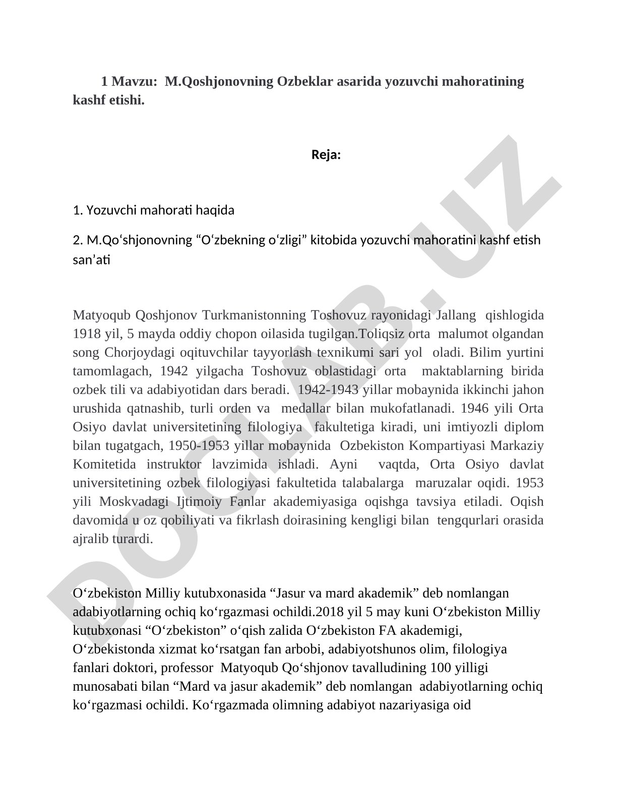 M.Qo'shjonovning O'zbeklar asarida yozuvchi mahoratining kashf etishi