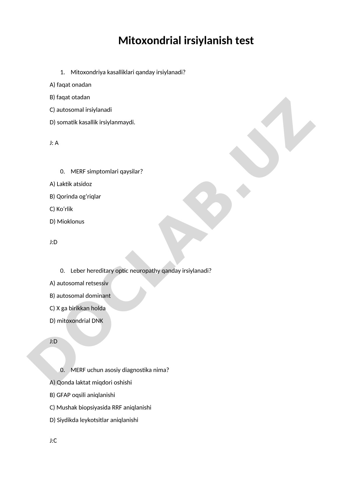 Mitoxondrial irsiylanish test savollari va javoblari