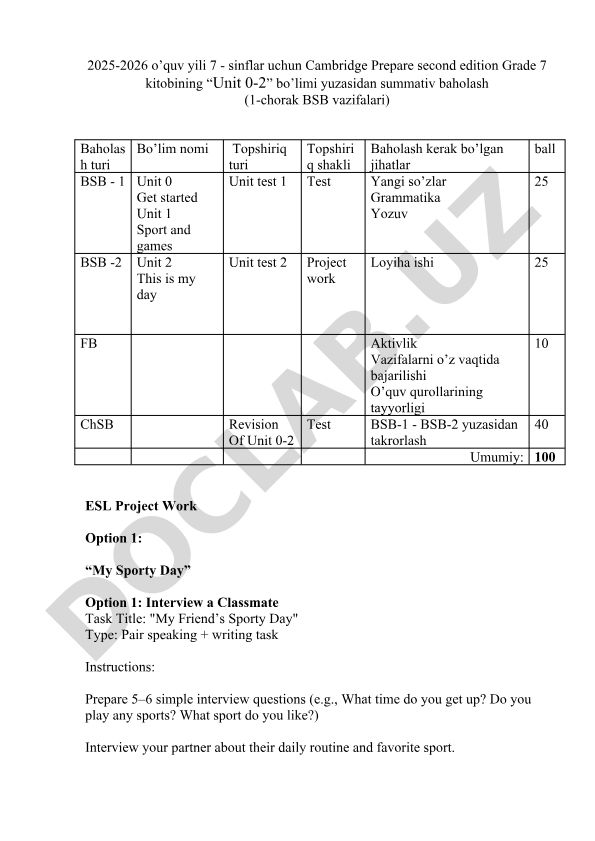 Cambridge Prepare Grade 7 Unit 0-2 summativ baholash vazifalari