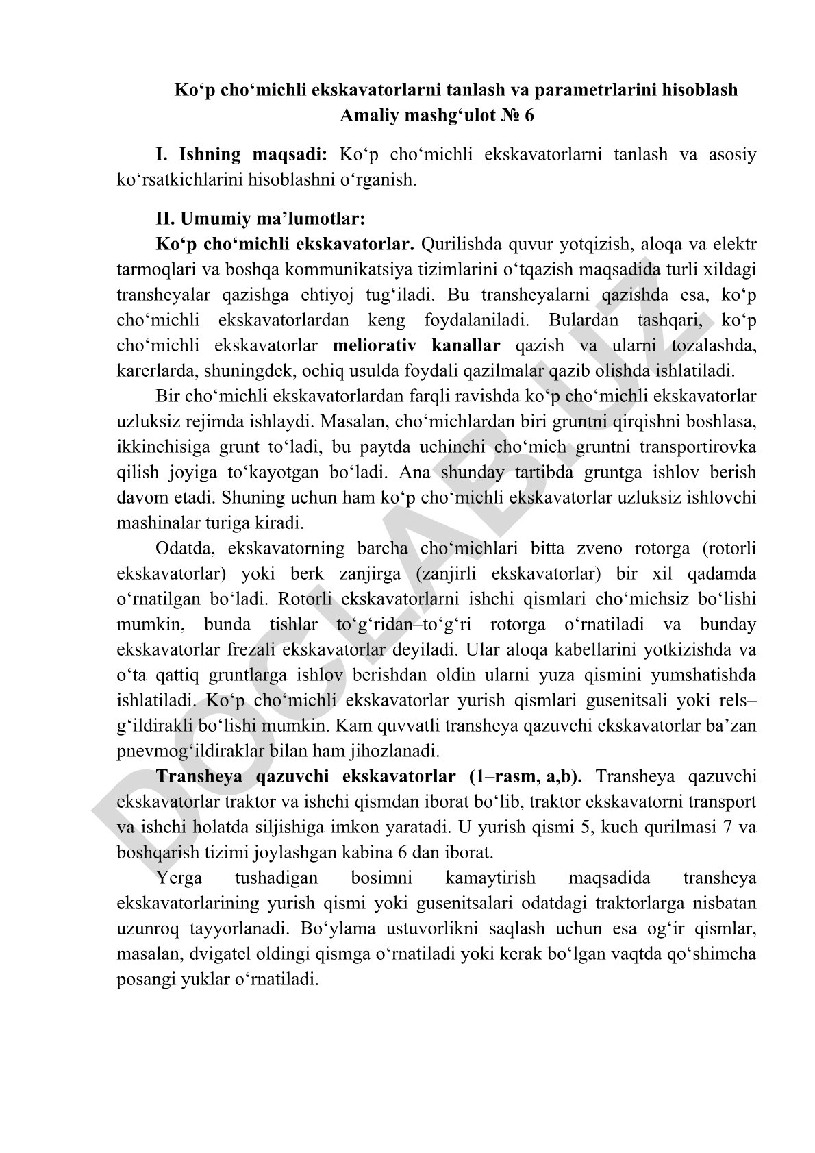 Ko‘p cho‘michli ekskavatorlarni tanlash va parametrlarini hisoblash