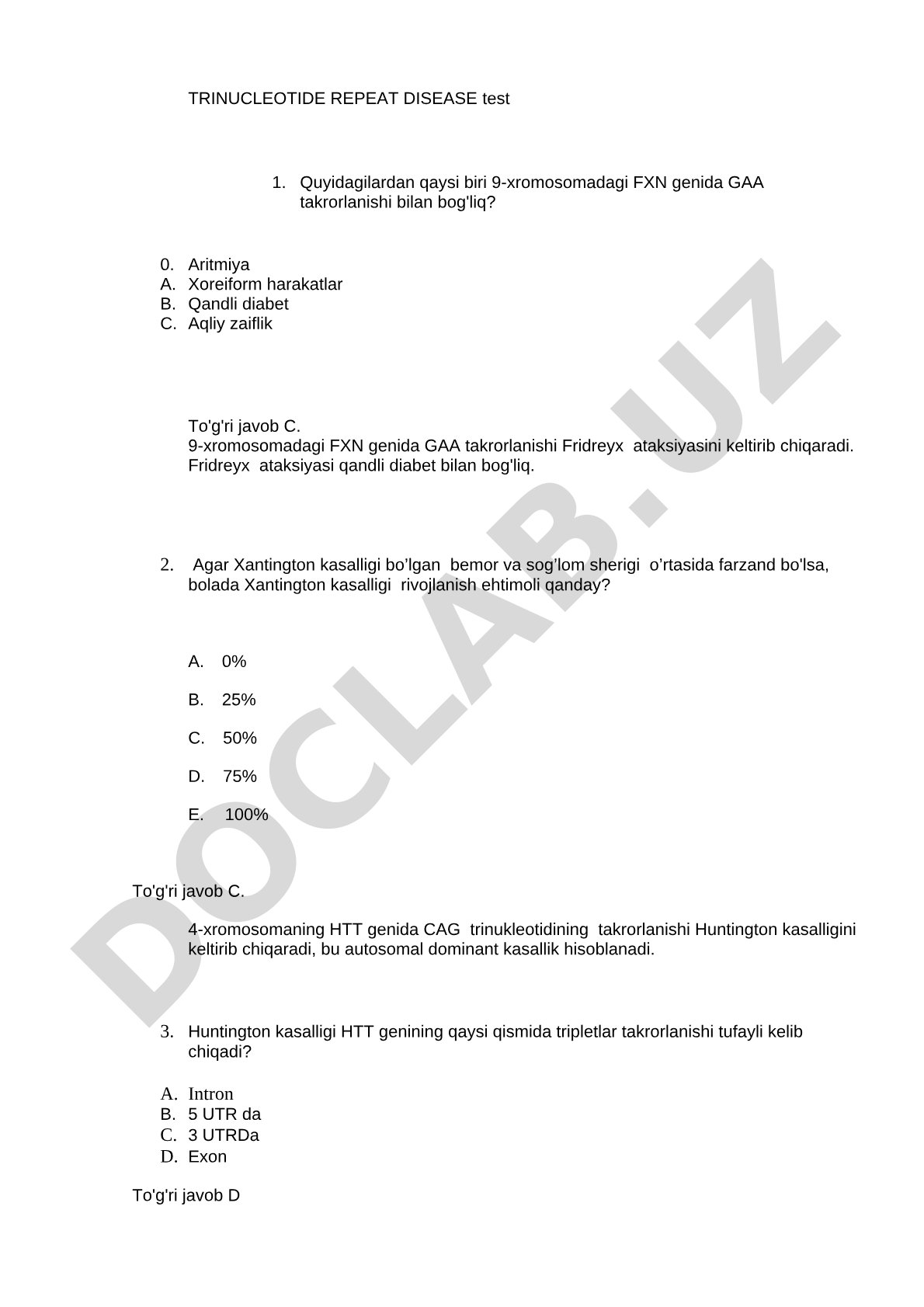 Trinukleotid takrorlanish kasalliklari test savollari