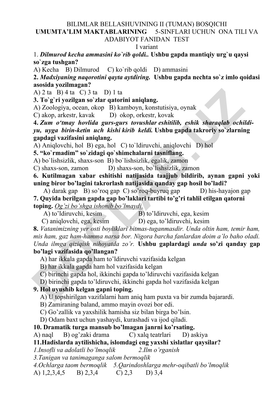 5-sinf ona tili va adabiyot fanidan test savollari