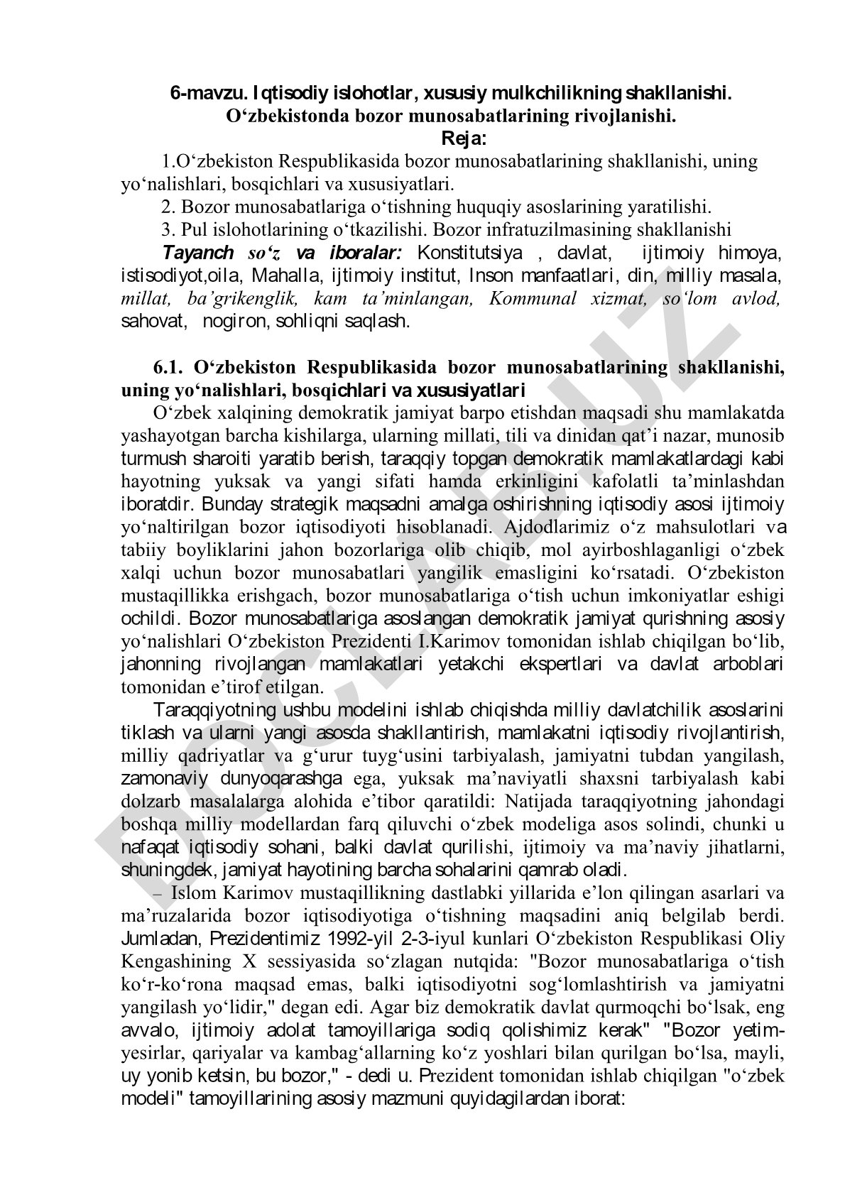 O‘zbekistonda bozor munosabatlarining rivojlanishi va iqtisodiy islohotlar